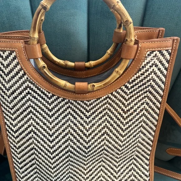 JMcLaughlin Brown and Cream Chevron Tote with Bamboo Handles & Crossbody strap - Picture 2 of 8